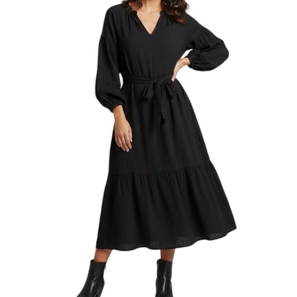 Rails Vittoria Black‎ Cotton Gauze Tiered Midi Dress Women M Peasant Cottage